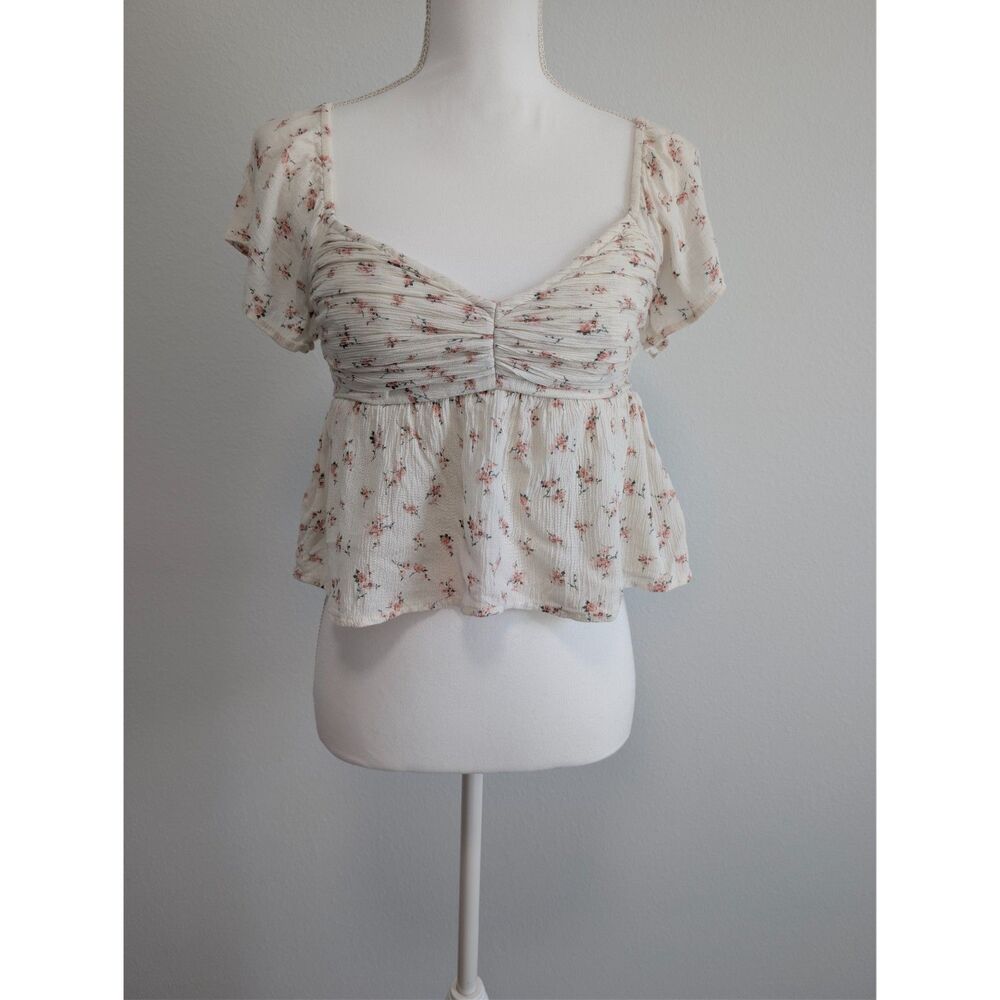 Hollister Cream Floral Ruched Babydoll Top XS Boho